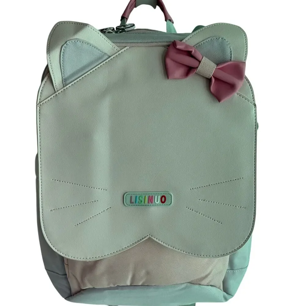 Cat Backpack Pink Mint School Kids Bookbag Bow Design